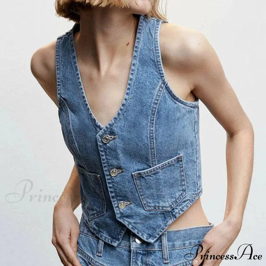 Blue Button V-Neck Cropped Top S croptop-250223