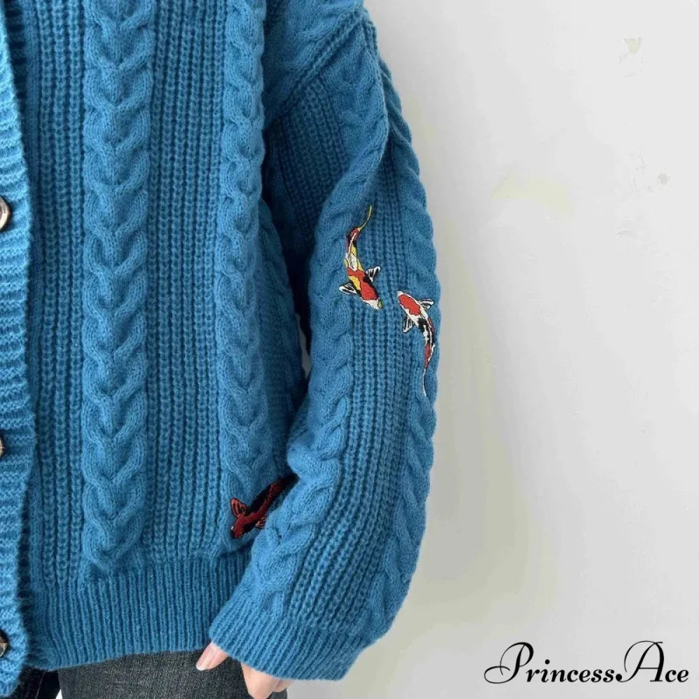 Blue Carp V-neck Decorated Cardigan cardigans-241228