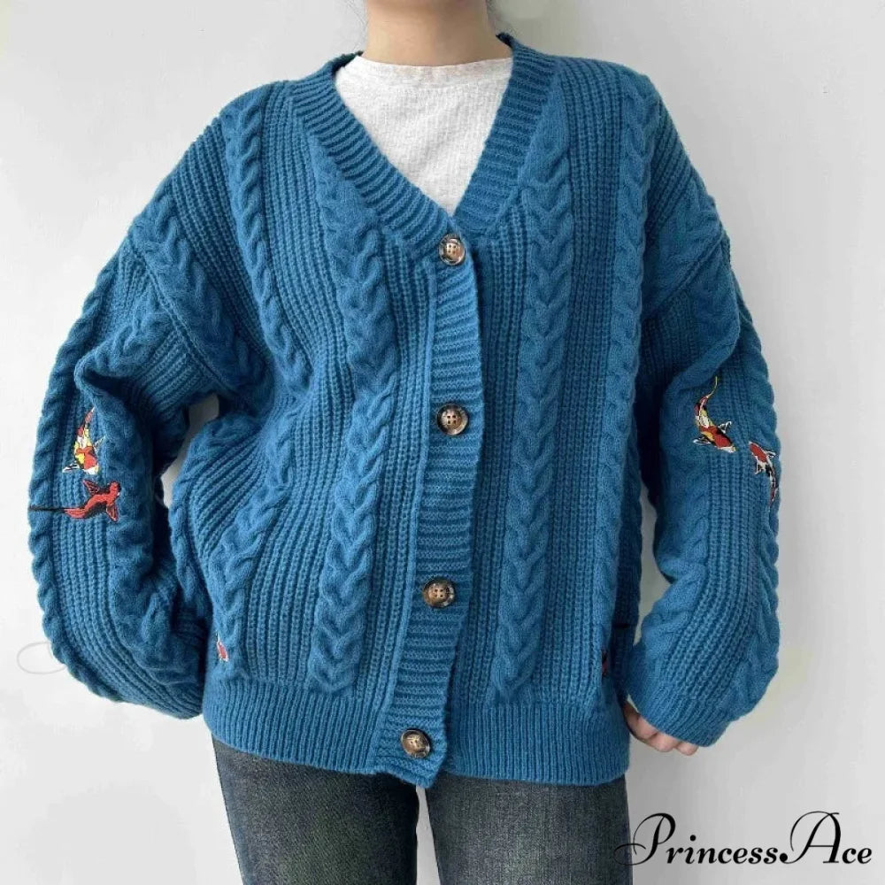 Blue Carp V-neck Decorated Cardigan cardigans-241228