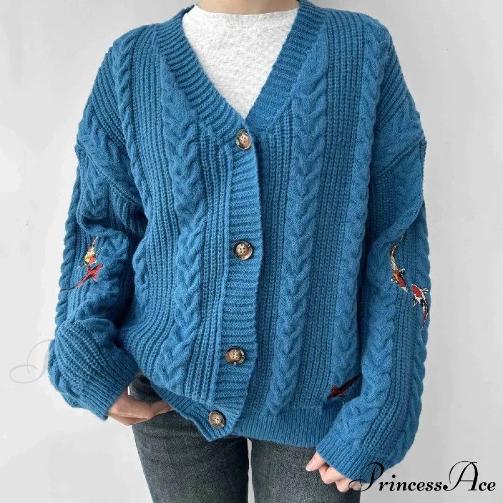 Blue Carp V-neck Decorated Cardigan Blue / S cardigans-241228