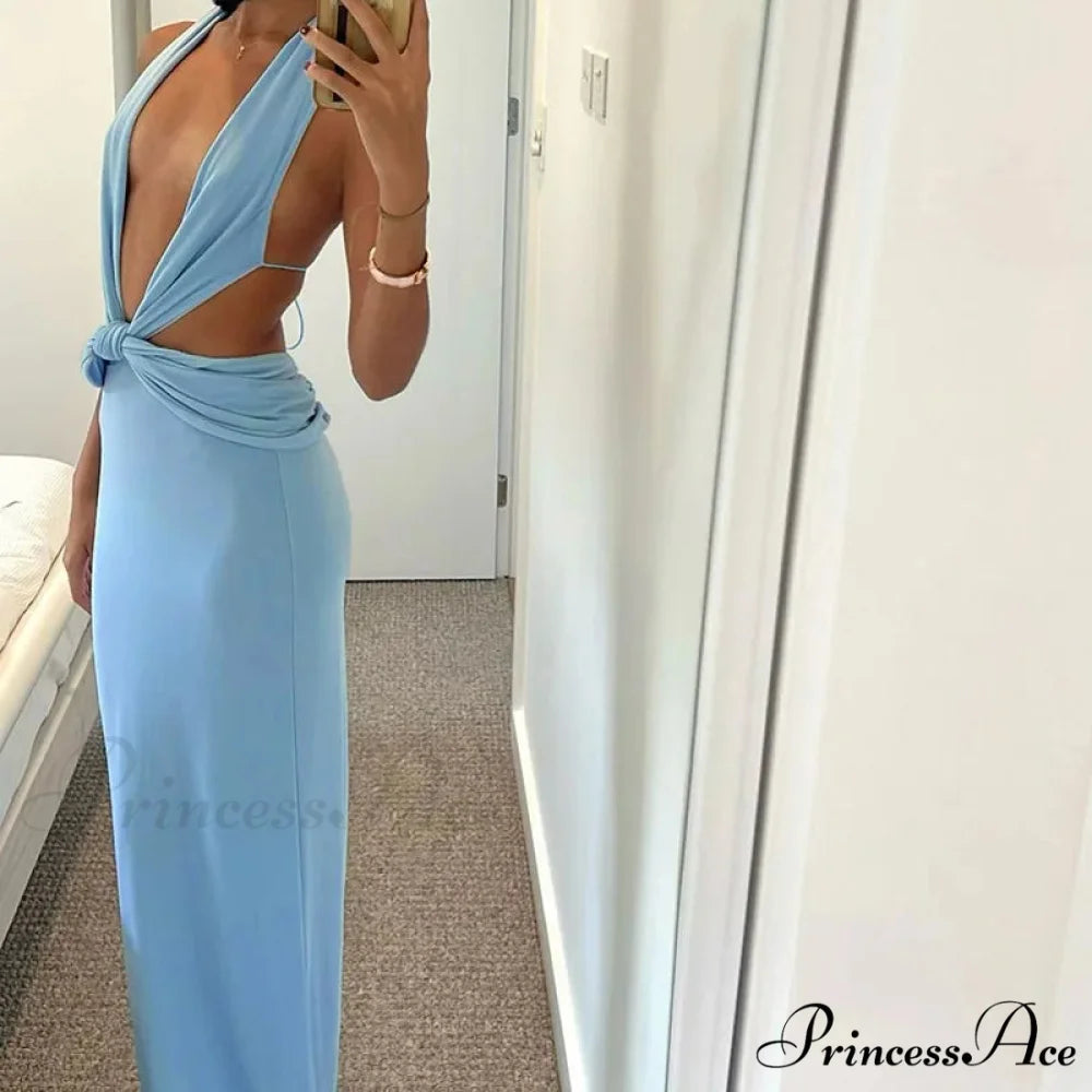 Blue Deep Slit Charming Neck Pleated Maxi Dress