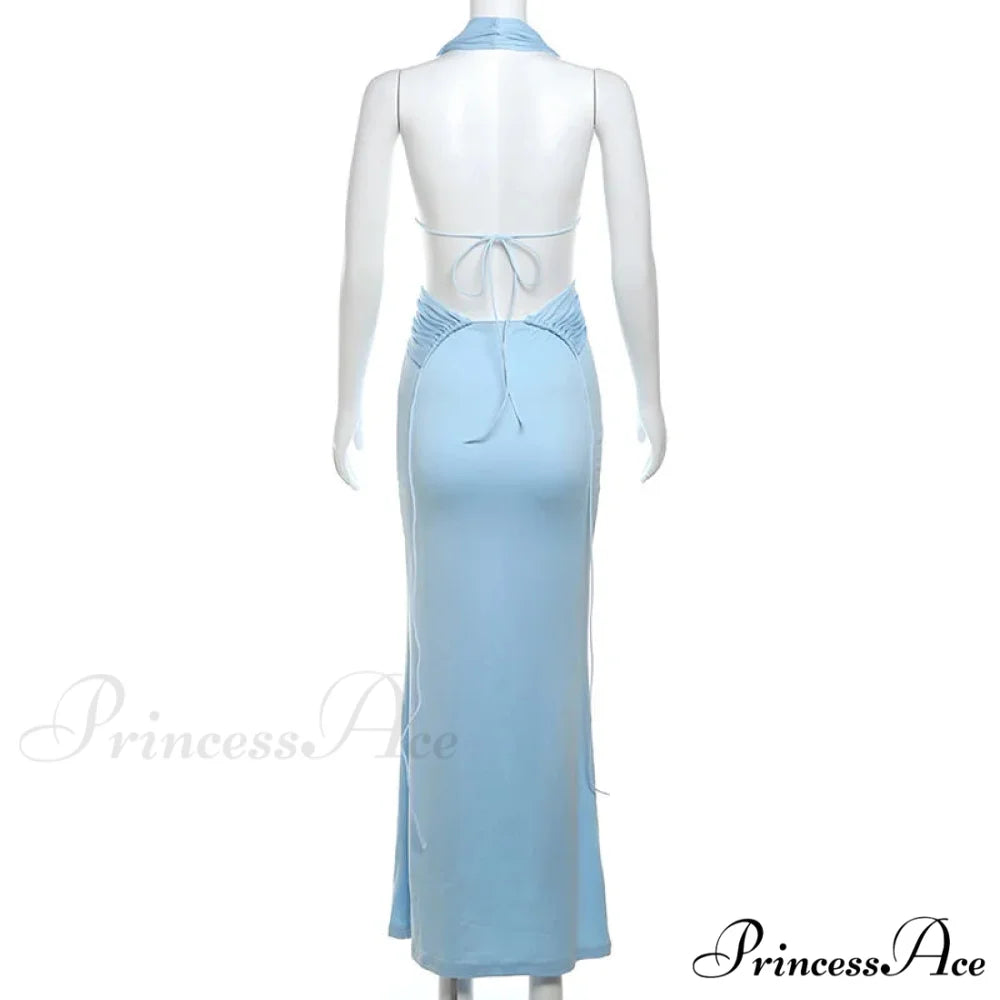 Blue Deep Slit Charming Neck Pleated Maxi Dress