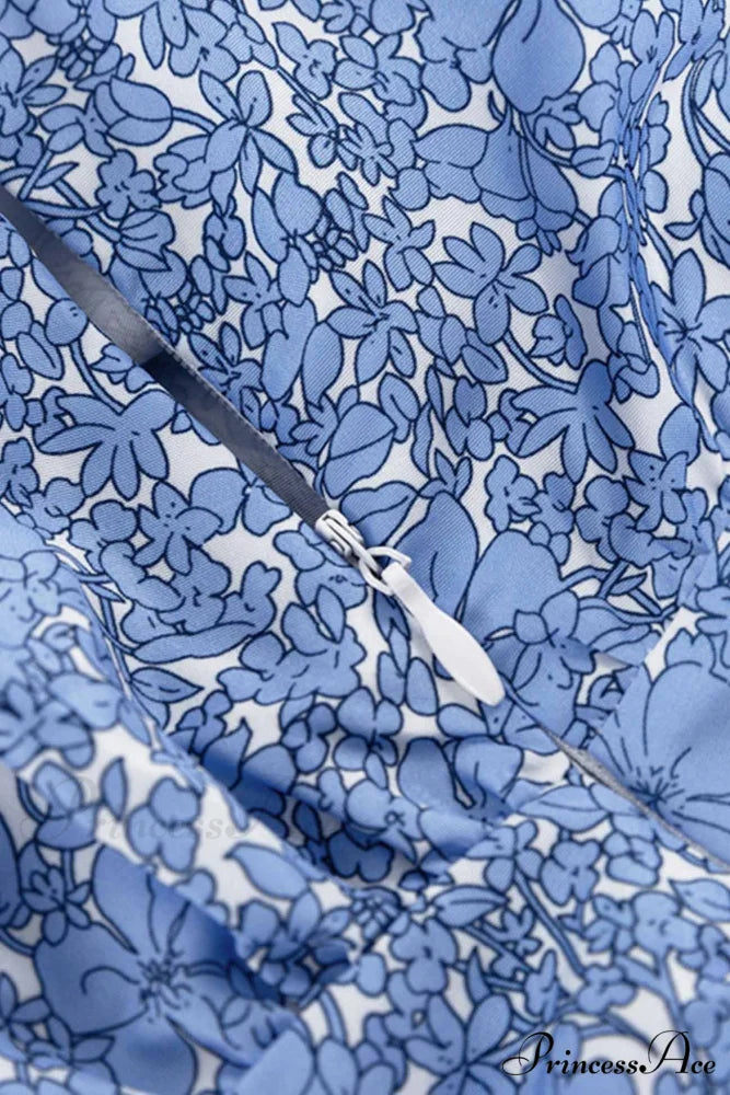 Blue Floral Dress with Puff Sleeve and Gathered Ruffle