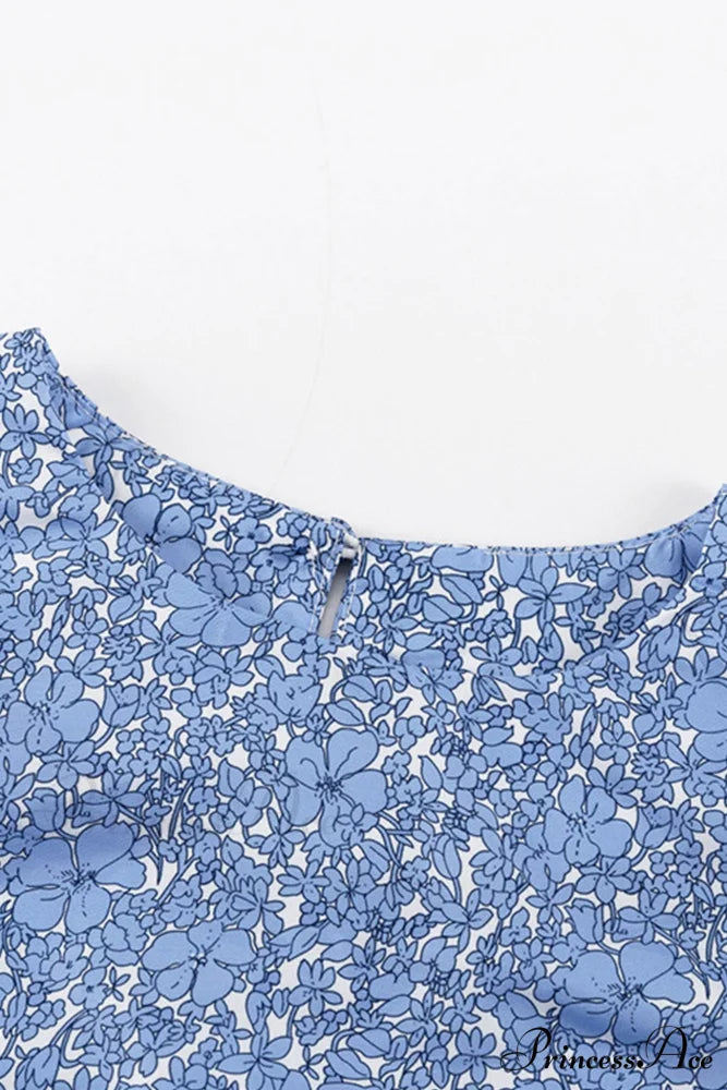 Blue Floral Dress with Puff Sleeve and Gathered Ruffle