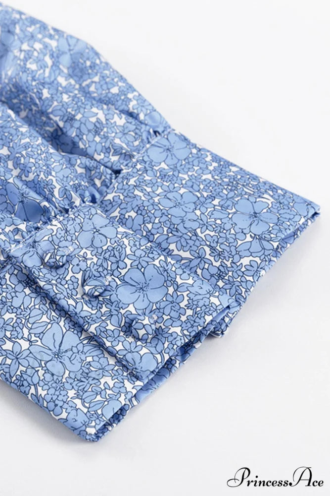 Blue Floral Dress with Puff Sleeve and Gathered Ruffle