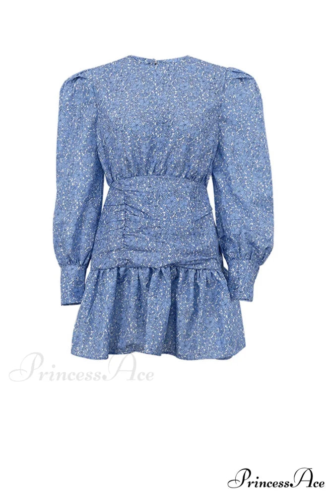 Blue Floral Dress with Puff Sleeve and Gathered Ruffle Blue / L