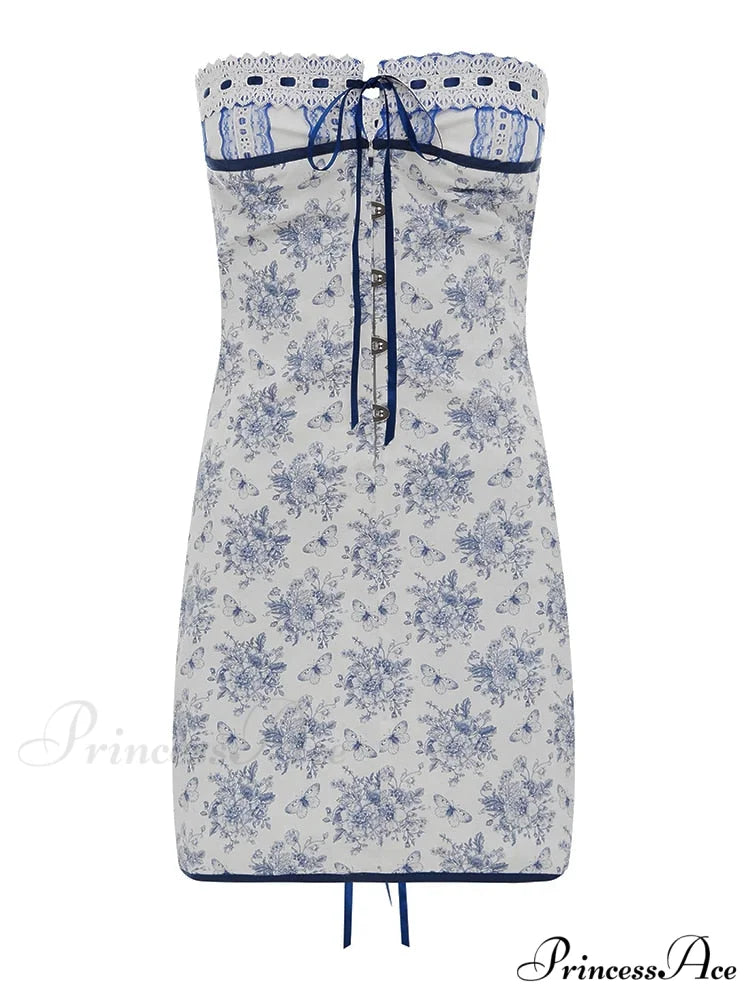 Blue Floral Lace Charming Tube Mini Dress
