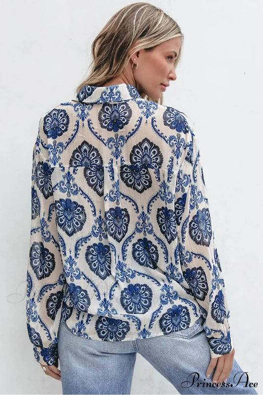 Blue Flowered Printed Extended Sleeve V-Neck Bohemian Top bohoblouse-250126