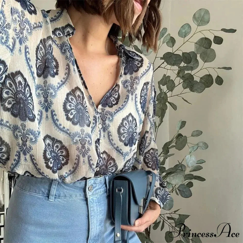 Blue Flowered Printed Extended Sleeve V-Neck Bohemian Top bohoblouse-250126