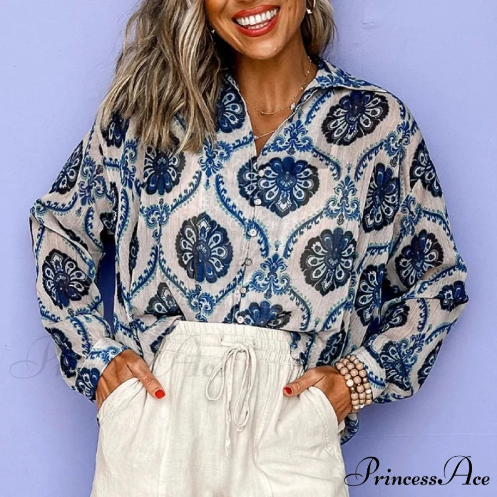 Blue Flowered Printed Extended Sleeve V-Neck Bohemian Top bohoblouse-250126