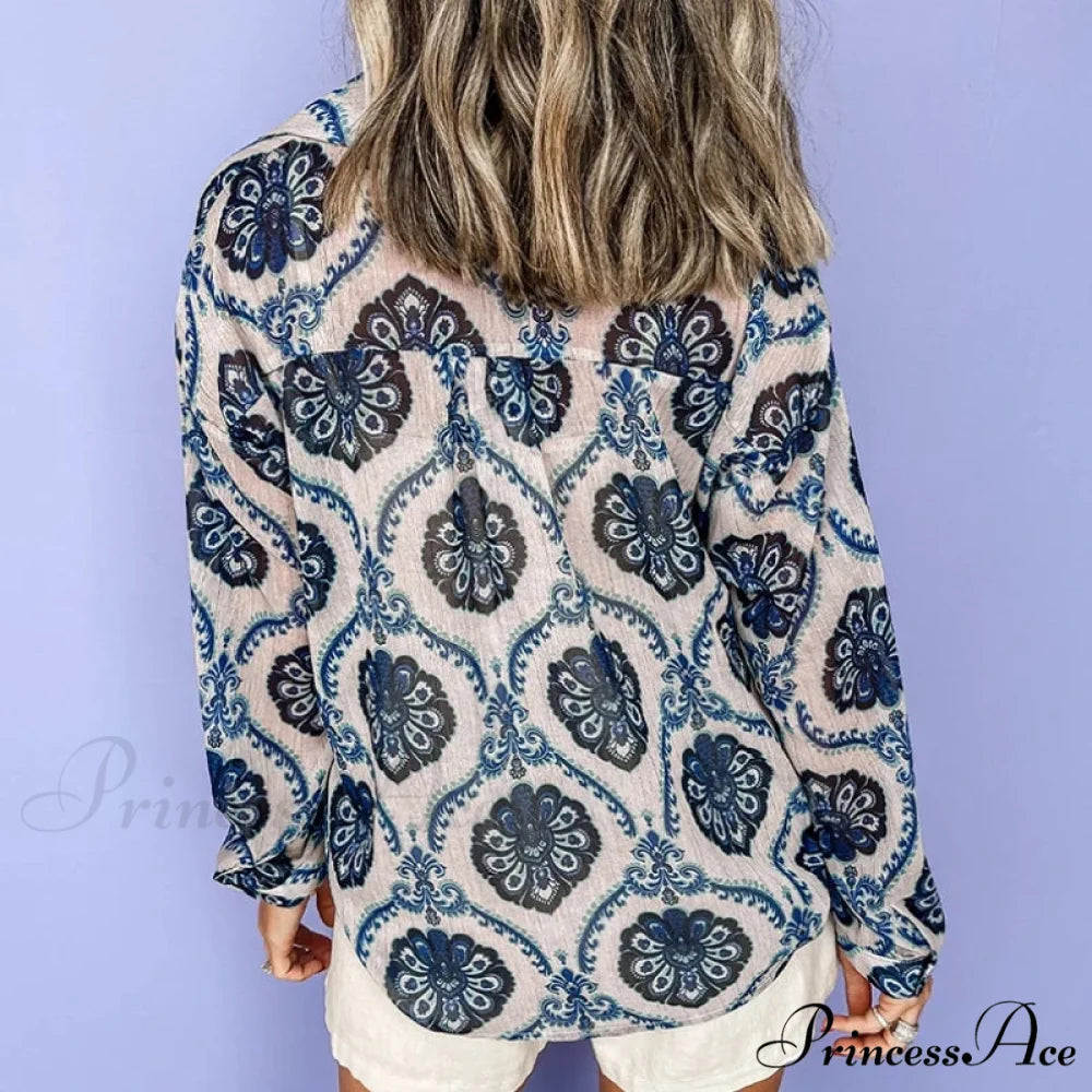 Blue Flowered Printed Extended Sleeve V-Neck Bohemian Top bohoblouse-250126