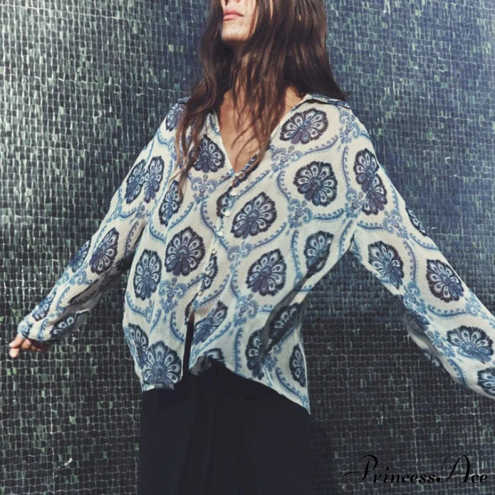 Blue Flowered Printed Extended Sleeve V-Neck Bohemian Top bohoblouse-250126