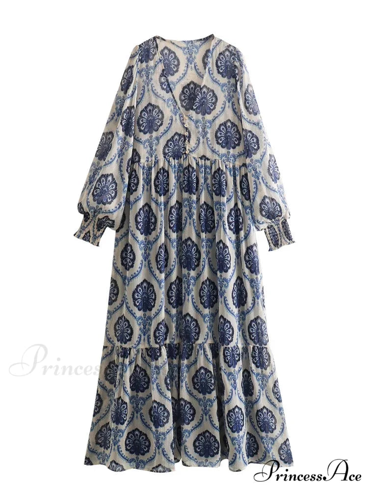 Blue Flowered Printed Extended Sleeve V-Neck Bohemian Top Dress / XS bohoblouse-250126