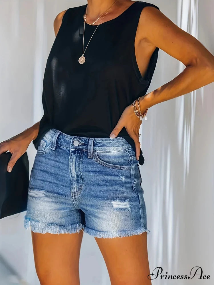 Blue Frayed Hem Denim Shorts Ripped Holes Slash Pockets Short Denim Jean