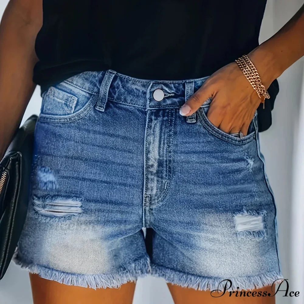 Blue Frayed Hem Denim Shorts Ripped Holes Slash Pockets Short Denim Jean Sky blue / XS