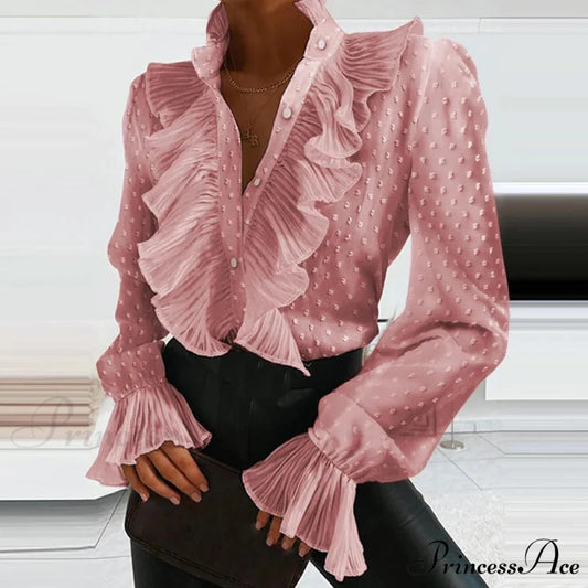 Blue Frilled Plunging Neckline Pleated Top Pink / S blouse-250126