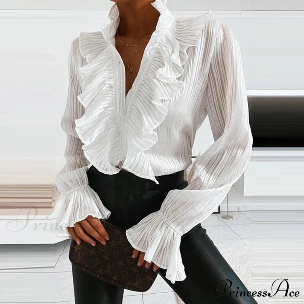 Blue Frilled Plunging Neckline Pleated Top WHITE / S blouse-250126