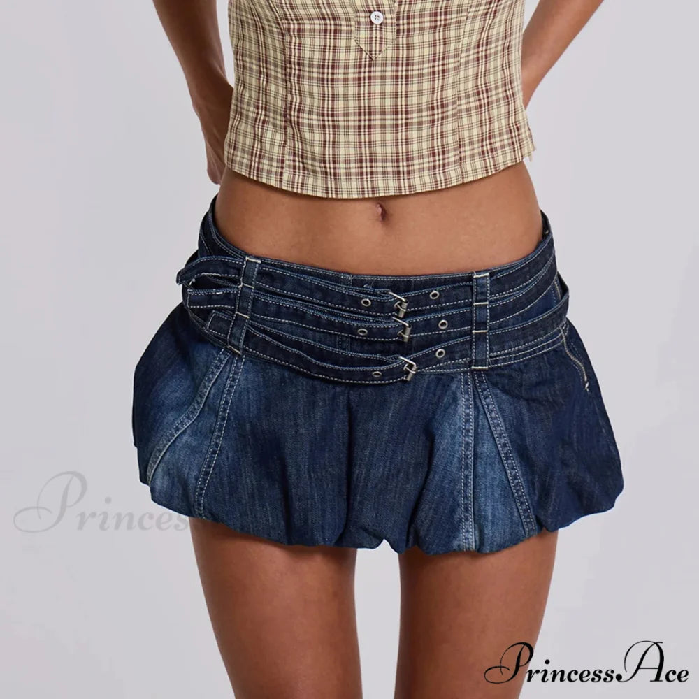 Blue Frilly Buckled Belted Skirt Blue / S skirts-250223