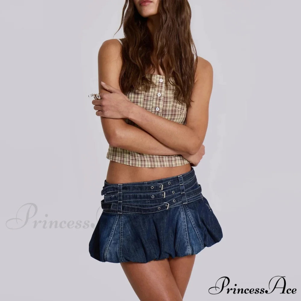 Blue Frilly Buckled Belted Skirt skirts-250223