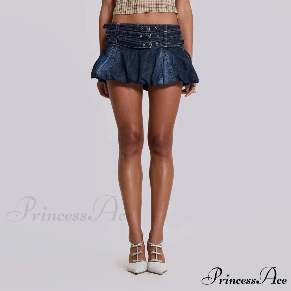 Blue Frilly Buckled Belted Skirt skirts-250223