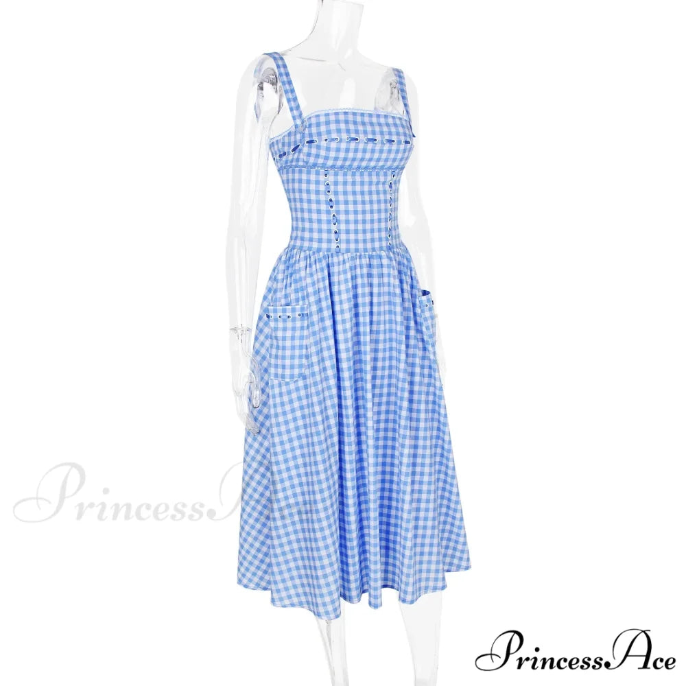 Blue Gingham Stylish Strap Midi Dress