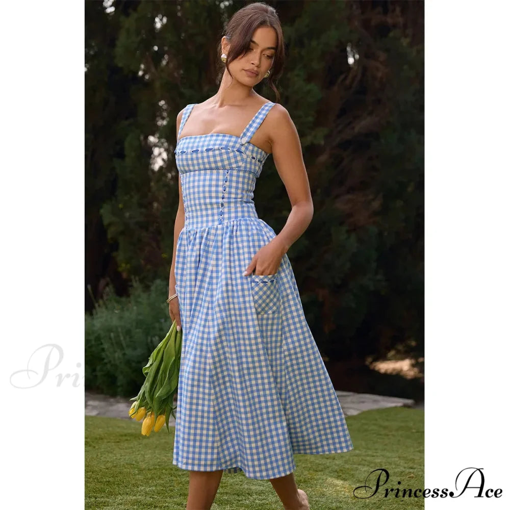 Blue Gingham Stylish Strap Midi Dress Blue / L