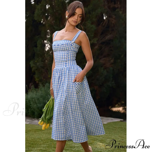 Blue Gingham Stylish Strap Midi Dress Blue / L