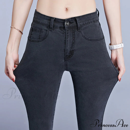 Blue Gray Black Woman High Elastic Jeans