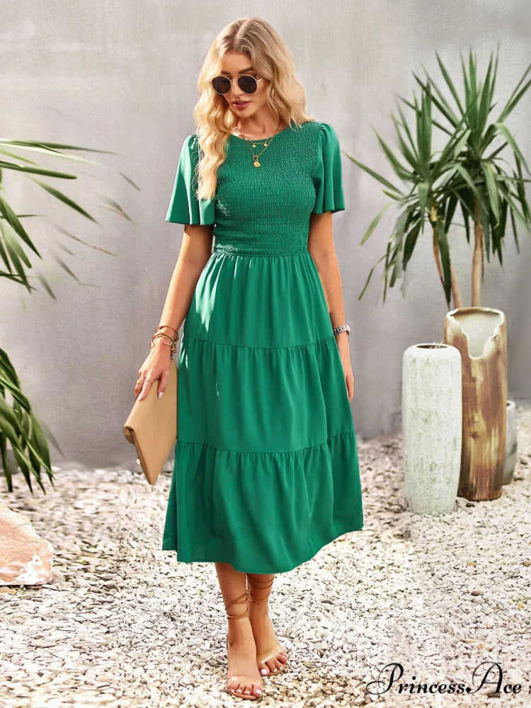 Blue Green Puff Sleeve Smocked Ruffle Tiered Midi Dress S / Blue
