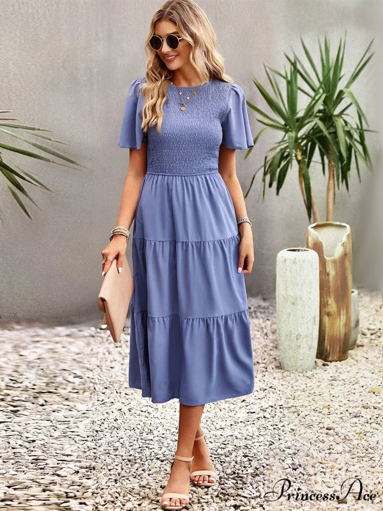 Blue Green Puff Sleeve Smocked Ruffle Tiered Midi Dress S / Black