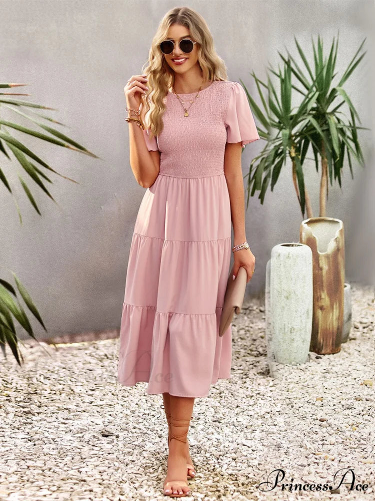 Blue Green Puff Sleeve Smocked Ruffle Tiered Midi Dress S / Pink
