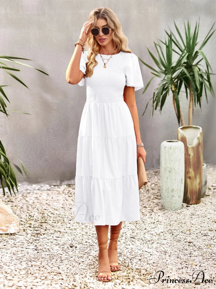 Blue Green Puff Sleeve Smocked Ruffle Tiered Midi Dress S / White