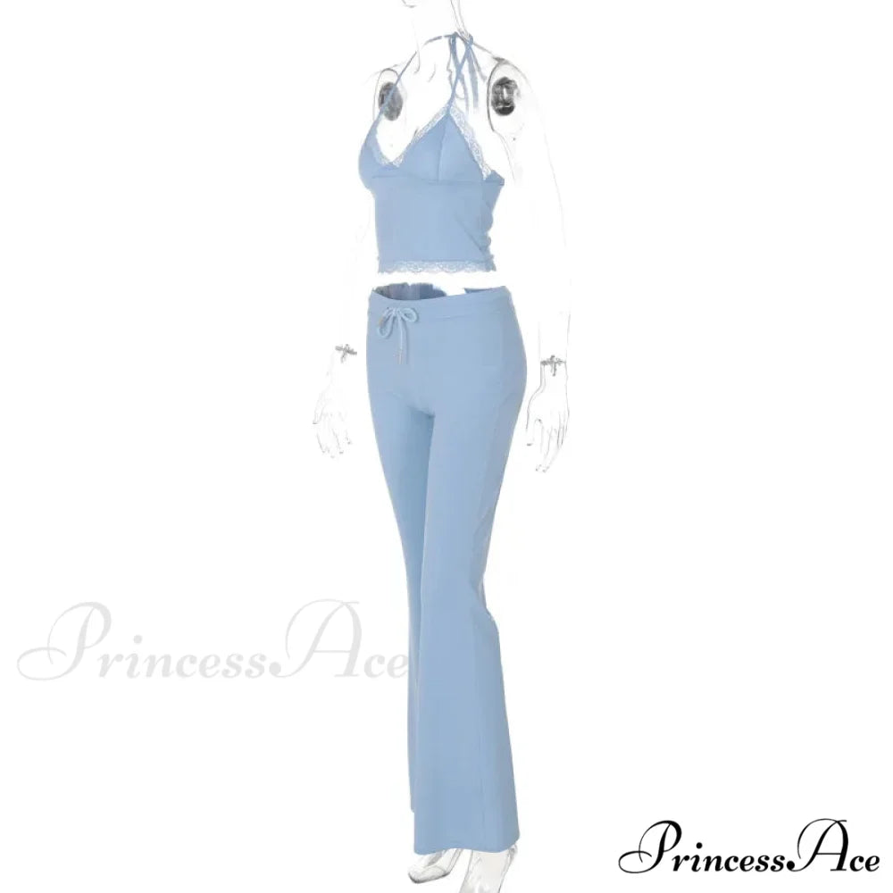 Blue Halter Crop Top Graceful And Flare Pants Set