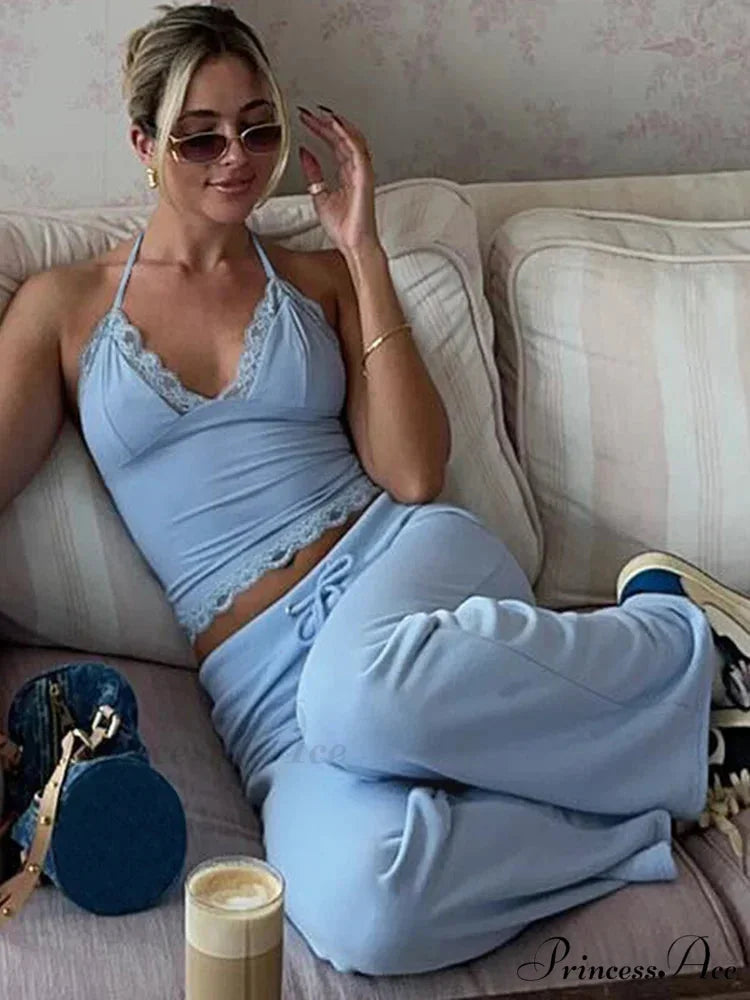 Blue Halter Crop Top Graceful And Flare Pants Set