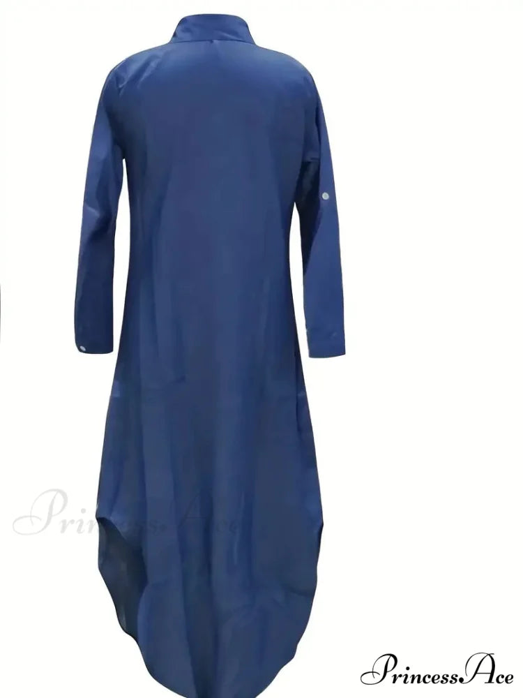 Blue Hem Arc Button Front Shirt Dress M / Navy