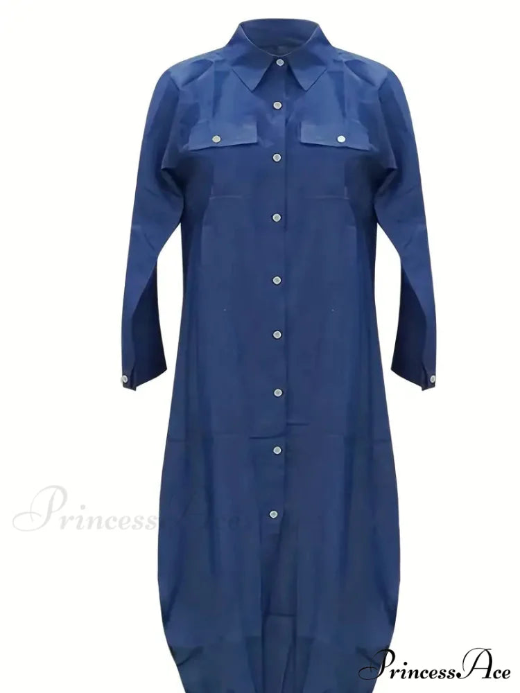 Blue Hem Arc Button Front Shirt Dress S / Blue