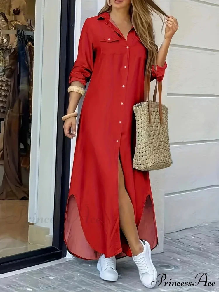 Blue Hem Arc Button Front Shirt Dress S / Pink