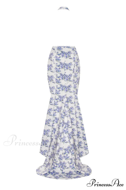 Blue Hydrangea Mock Charming Neck Sleeveless Evening Dress