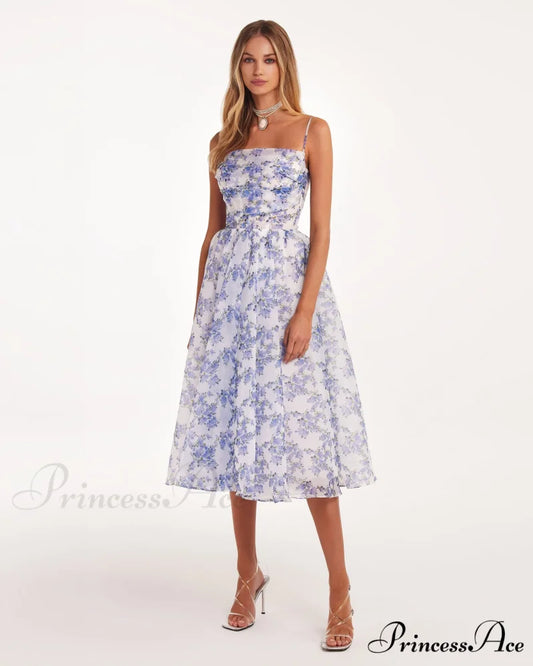 Blue Hydrangea Spaghetti Charming Strap Midi Dress