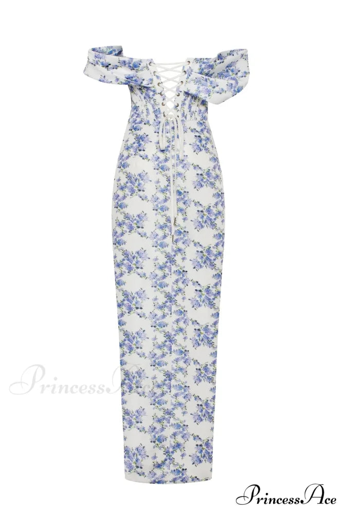 Blue Hydrangea Stylish Off-Shoulder Satin Dress