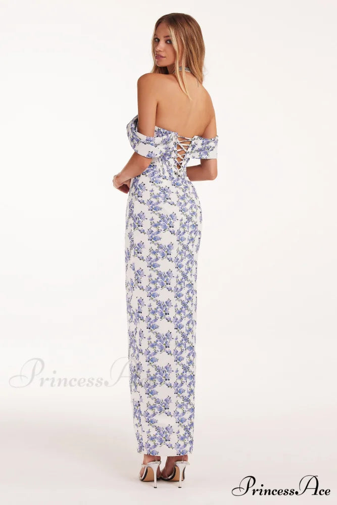 Blue Hydrangea Stylish Off-Shoulder Satin Dress