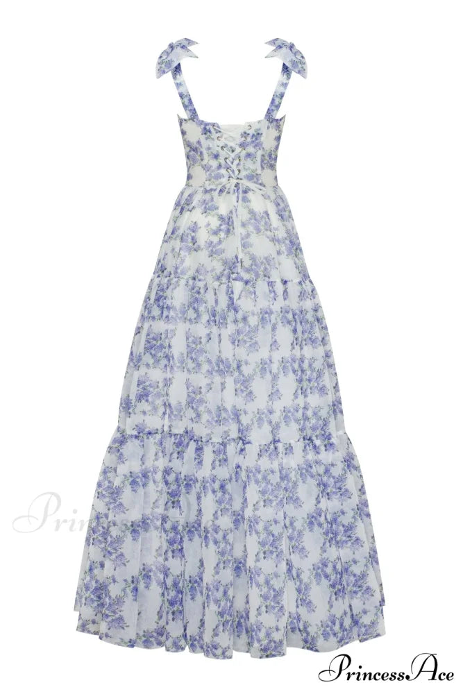 Blue Hydrangea Tender Charming Tie-Strap Maxi Dress