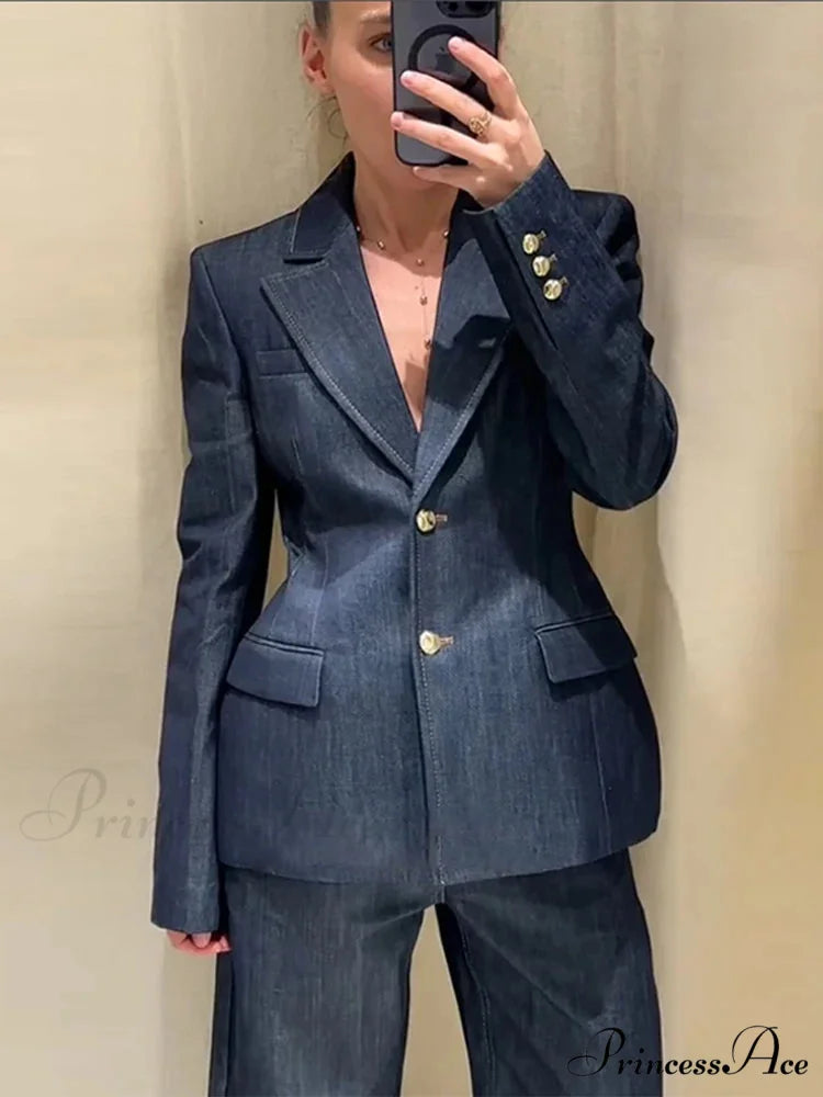 Blue Jacket Tall Waist Jeans Workplace Two Piece Set blue tube / S officetwopieceset-250223