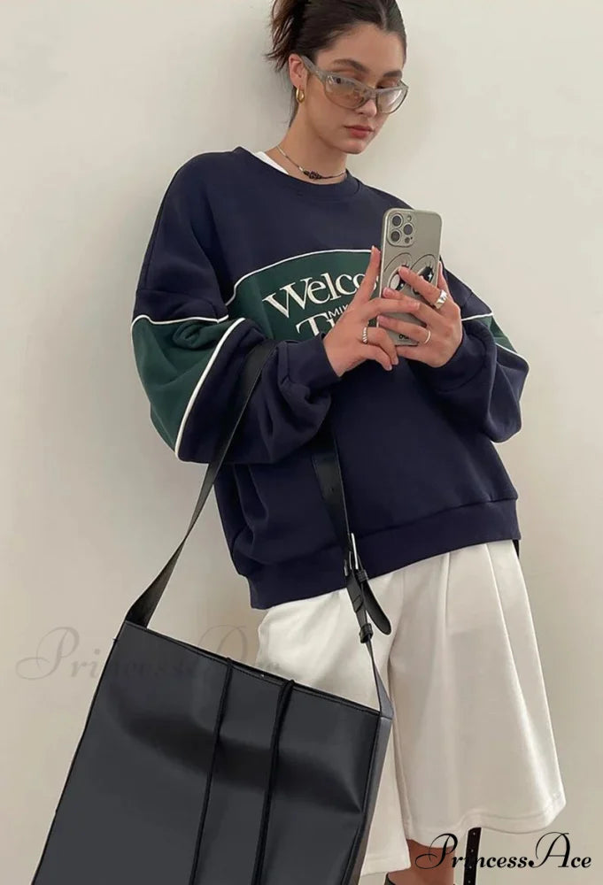 Blue Letter Stylish Print Sweatshirt