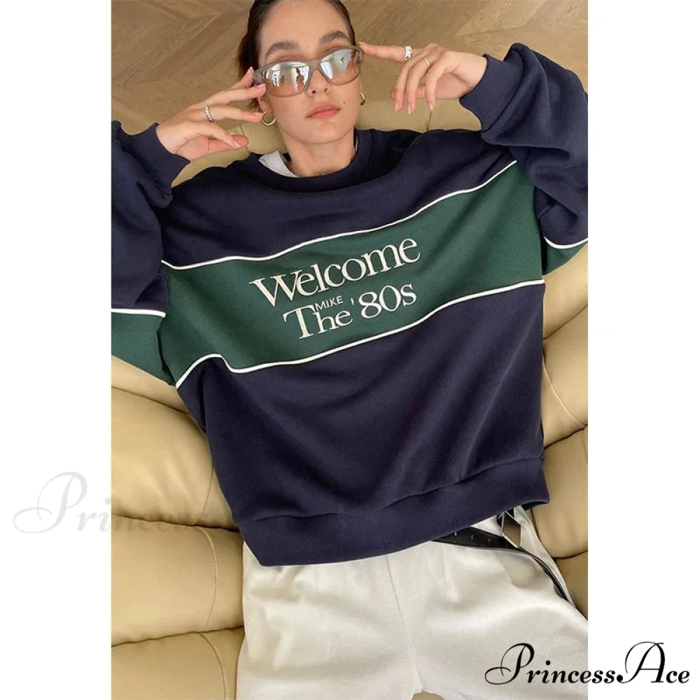 Blue Letter Stylish Print Sweatshirt S