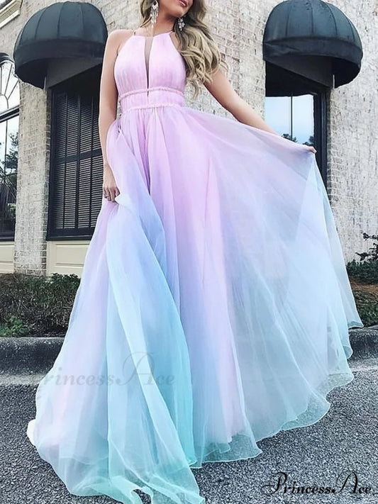 Blue Mesh Summer Halter Neck Maxi Dress