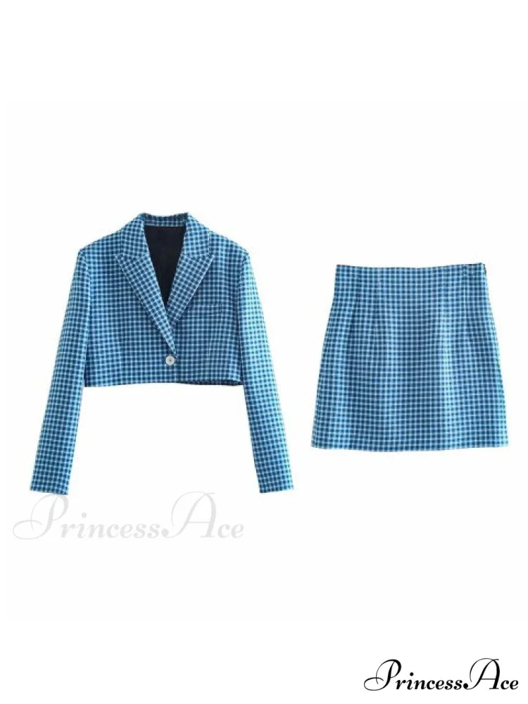 Blue Plaid Vintage Two-piece Set SUIT / XS