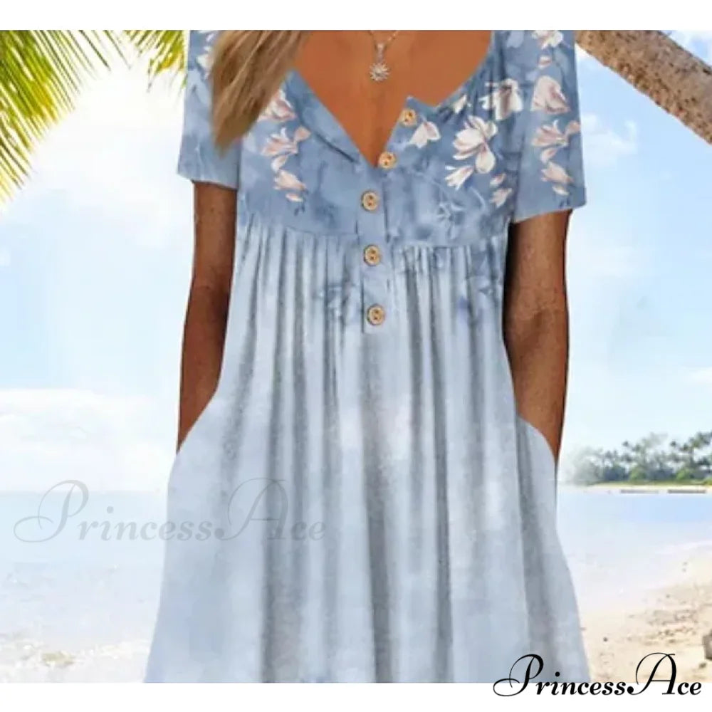 Blue Printed Ruched Midi Dress - Seaside Serenade