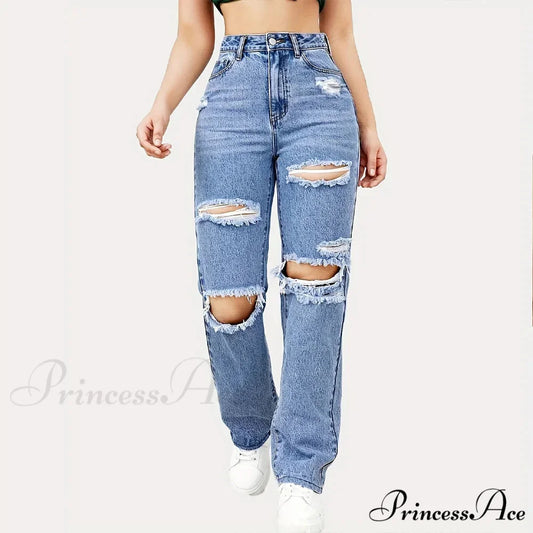 Blue Ripped Baggy Straight Slash Pockets Distressed High Waist Loose Fit Denim Jean Blue / XS