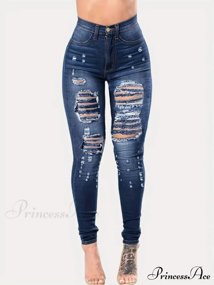 Blue Ripped Holes Skinny Distressed High Waist Slim Fit Slash Pockets Denim Jean DEEP BLUE / S